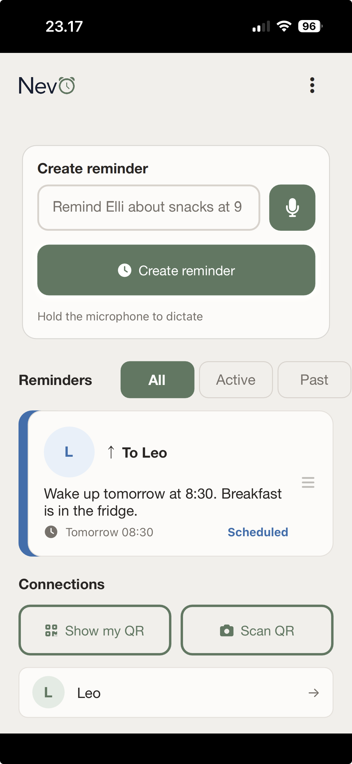 Nevö app main screen: create a reminder by typing or dictating, then see scheduled reminders and connections.