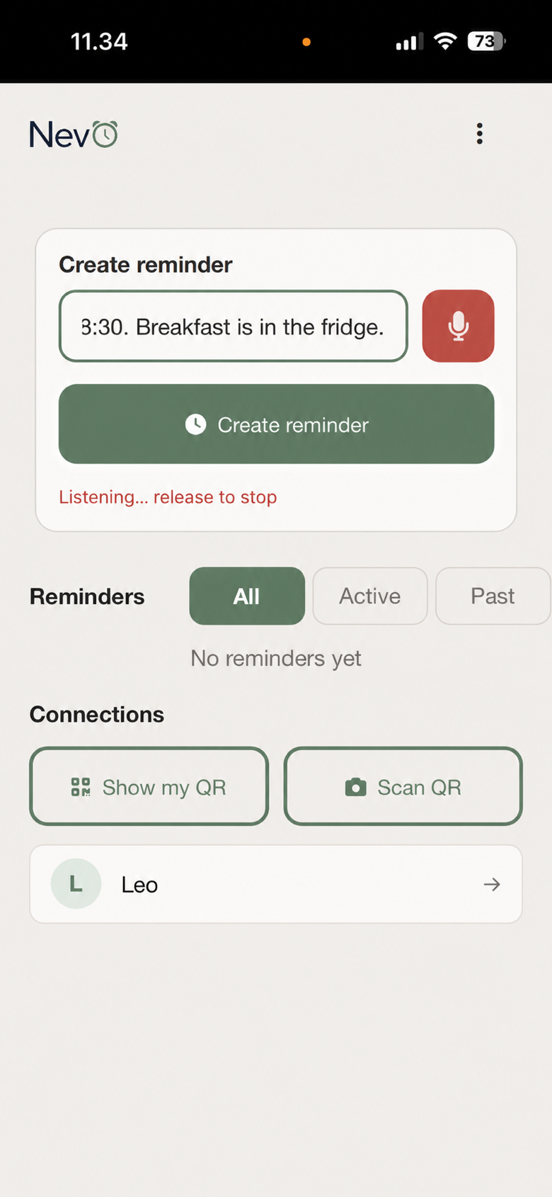 Nevö main screen on iPhone while speaking a reminder aloud.