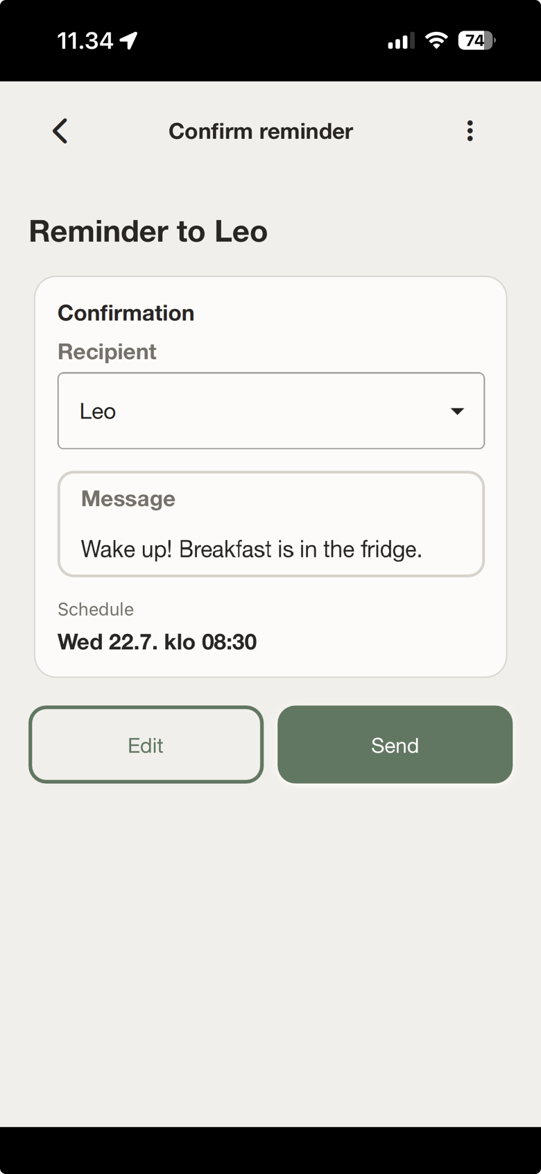 Confirm reminder screen on iPhone: message, recipient and time ready to send.