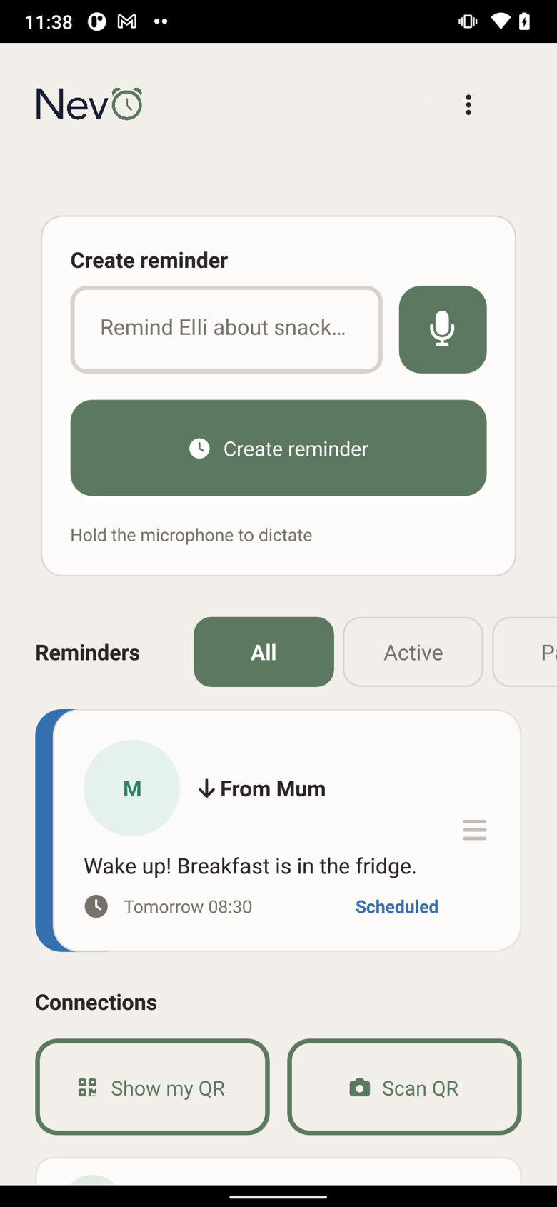 Android client dashboard showing an upcoming shared reminder.