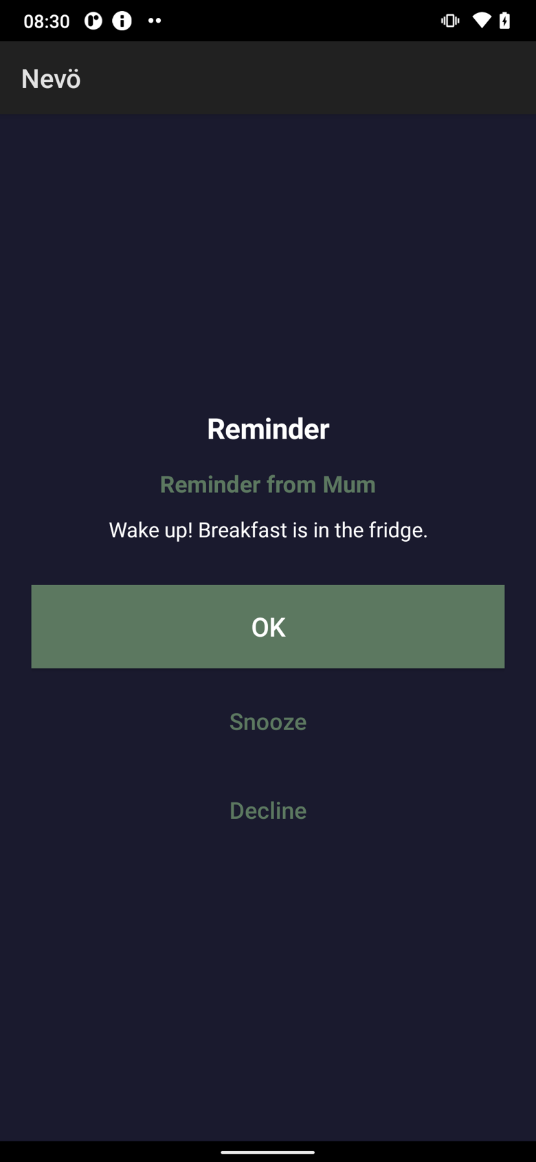 Full-screen Nevö alarm on Android with OK, Snooze and Decline.