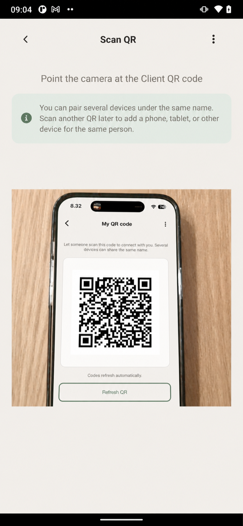 Android Nevö screen for pairing with a family member via QR code.